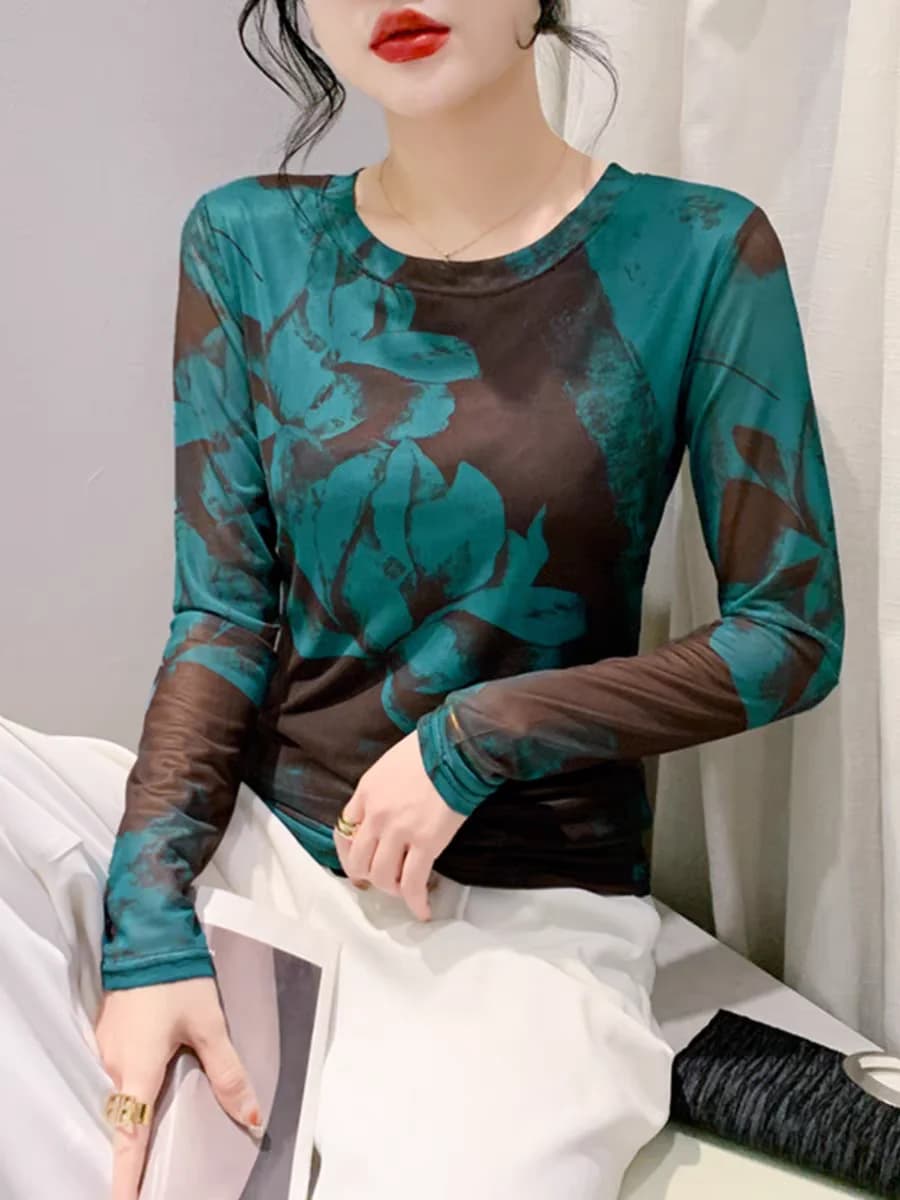 T-shirt en Maille à Col Rond pour Femme, Haut Doux, Imprimé Floral, Extensible, Slim, Printemps Été