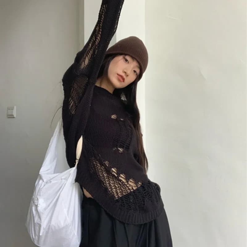 Karrram – pull gothique ajouré, surdimensionné, transparent, Streetwear, vêtements Grunge Y2k, print