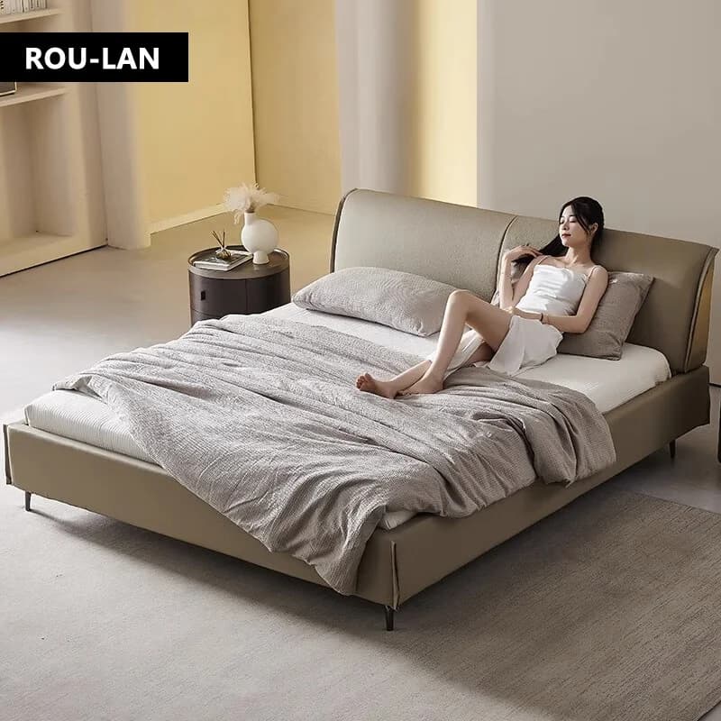 Lit en cuir souple minimaliste moderne, lit Queen, chambre principale, lit de mariage, lit double cr
