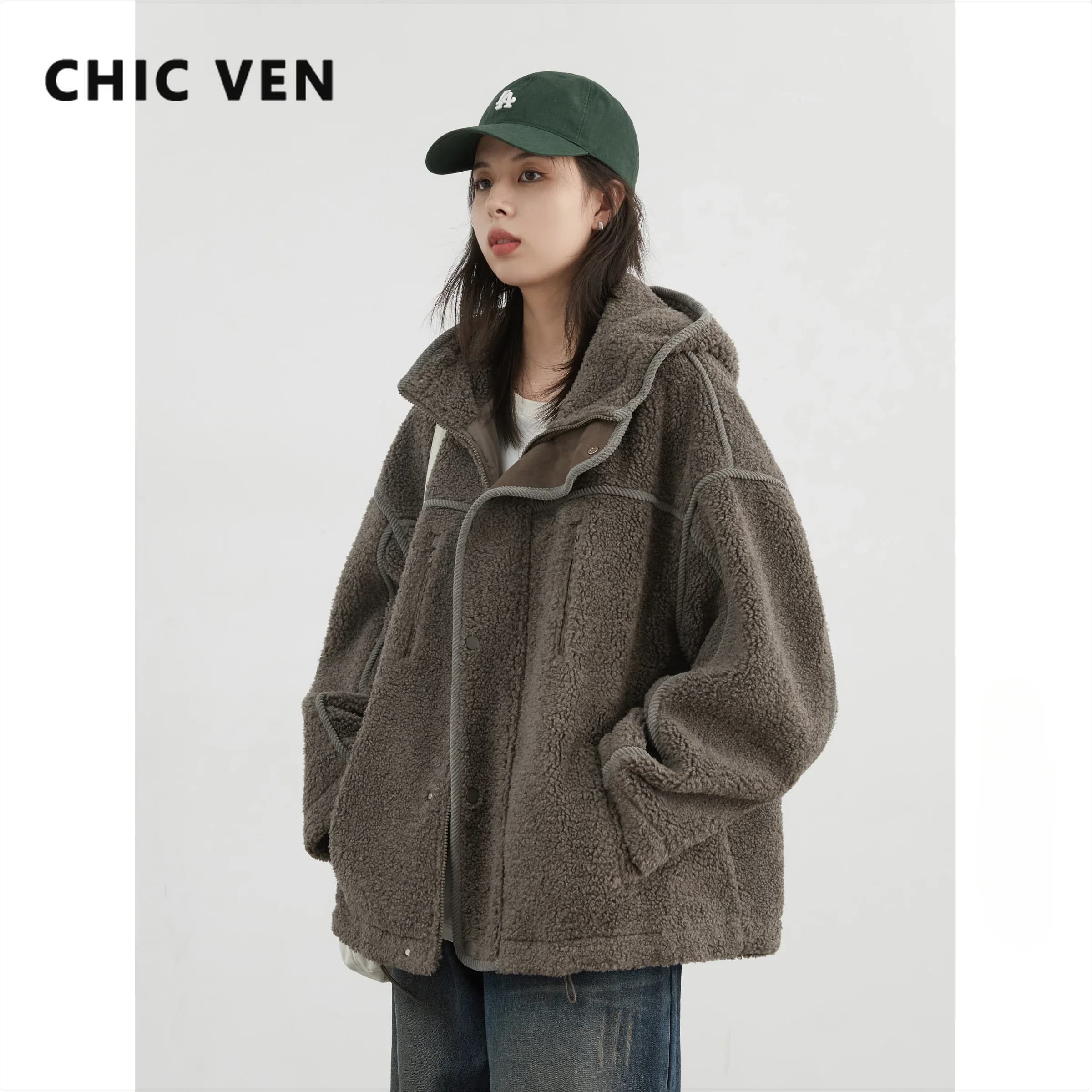CHIC VEN-Veste à Capuche pour Femme, Manteau Chaud en Peluche, Col Montant, Couleur Unie, Nouvelle C