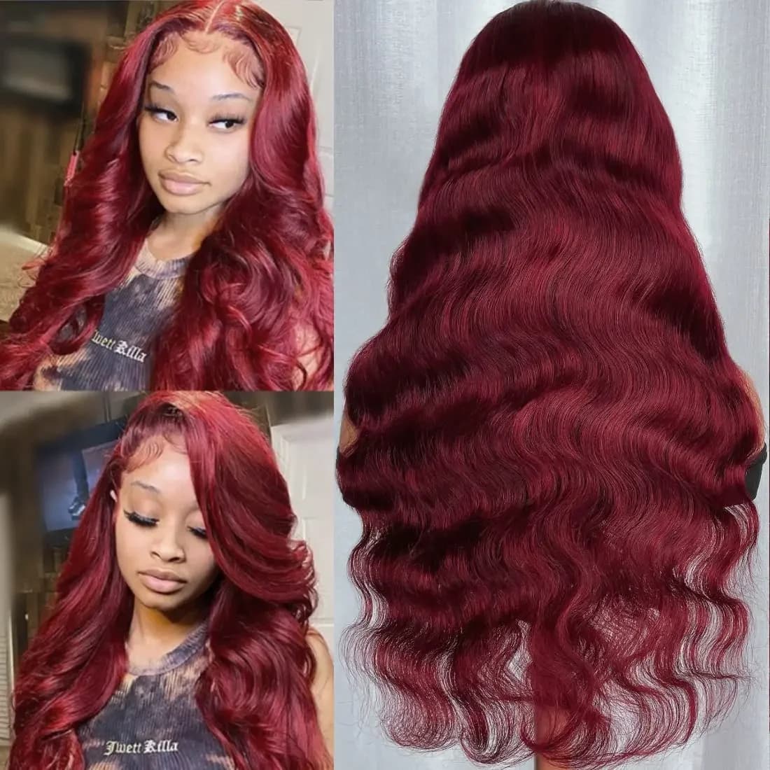 99J bordeaux dentelle avant perruque de cheveux humains vague de corps rouge couleur perruques brési