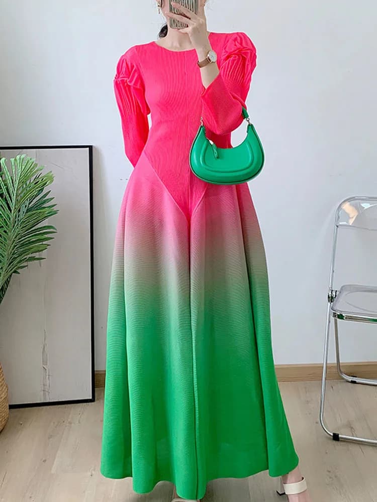 Ata Yake-Robe plissée à col rond pour femme, manches longues, volants épissés, vêtements de soirée, 