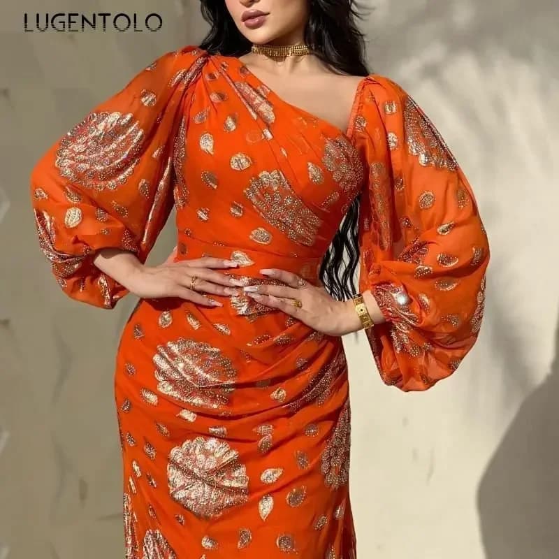 Robe sexy en mousseline de soie à paillettes pour femmes, manches longues, orange, mince, compromis,