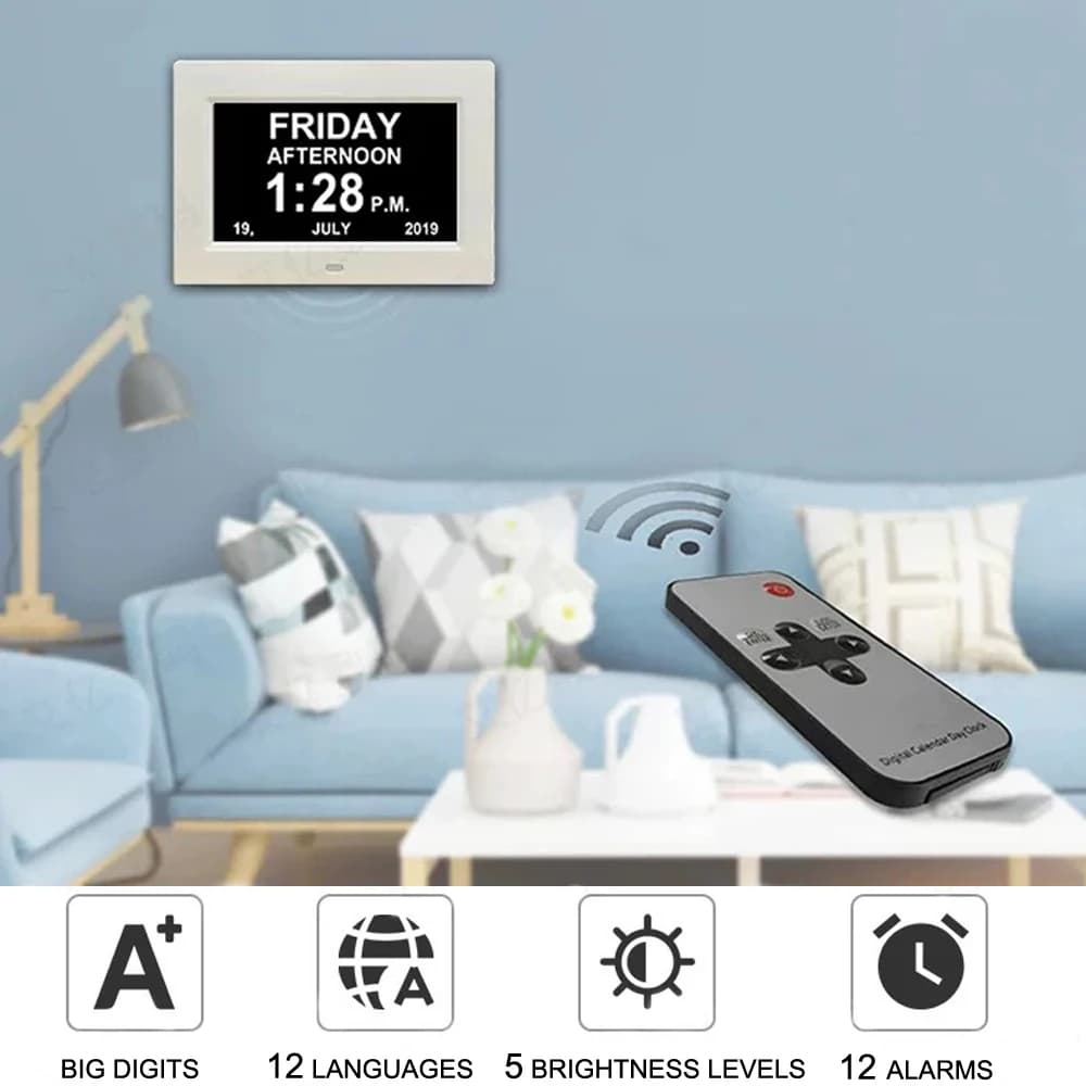 Horloge de calendrier LED avec 12 groupes d'horloges d'alarme réglables. Idéal pour les personnes âg