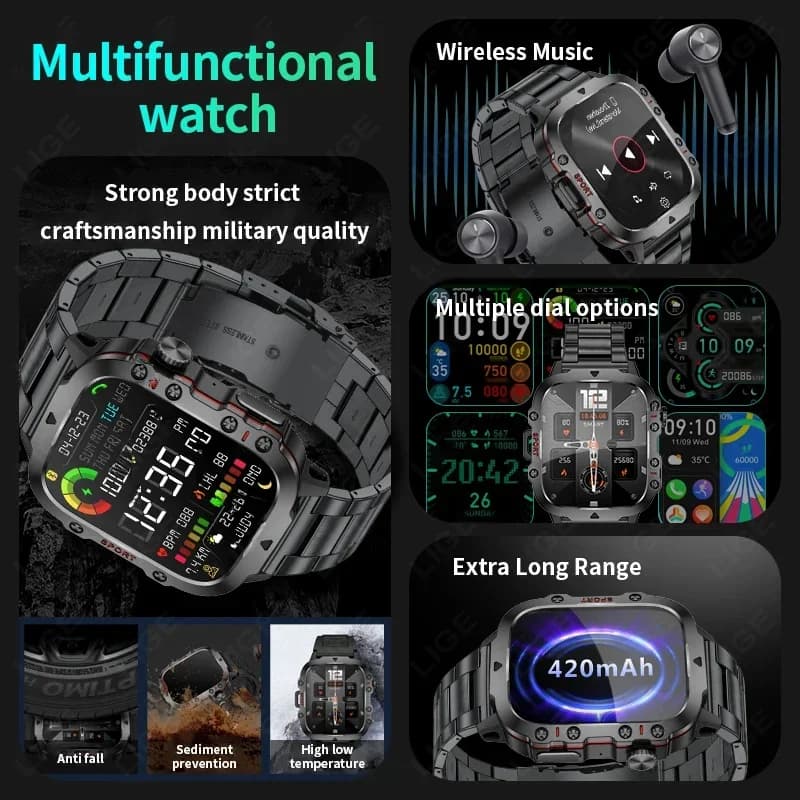 Montre intelligente militaire robuste pour hommes, montres d'extérieur lP68, étanche, 2026 ", voix A