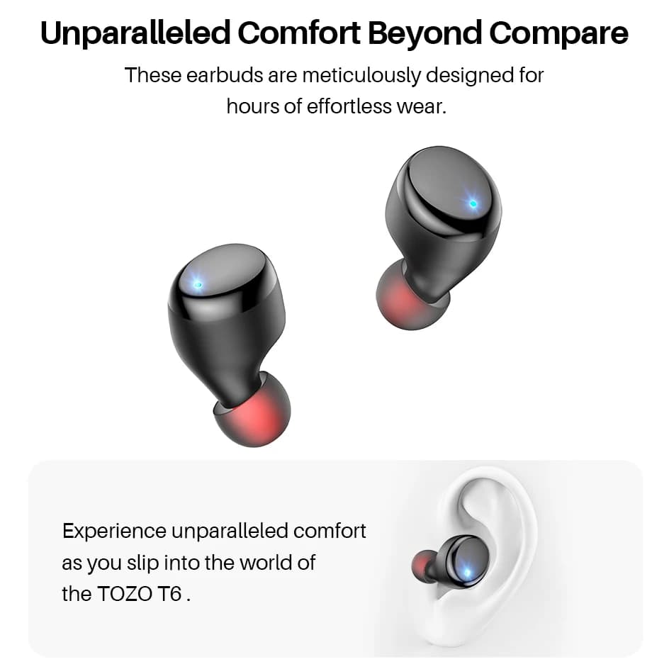 TOZO T6 mise à niveau ergonomique sans fil écouteurs Bluetooth 5.3 casque avec étui de chargement AP