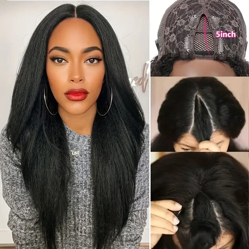 Perruque Yaki lisse crépue avec raie en V, cheveux naturels sans colle, couleur noire naturelle, san