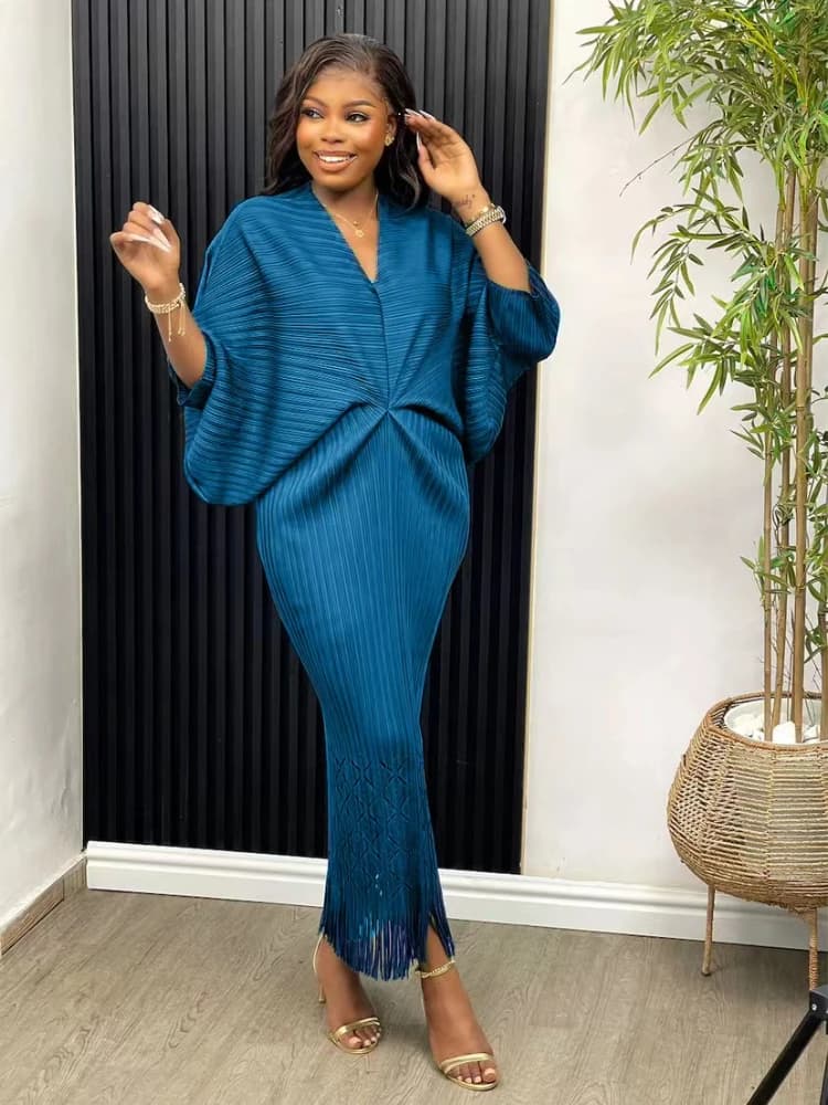 ANLAN robe de créateur plissée mode solide manches chauve-souris col en v formelle Festival robes de