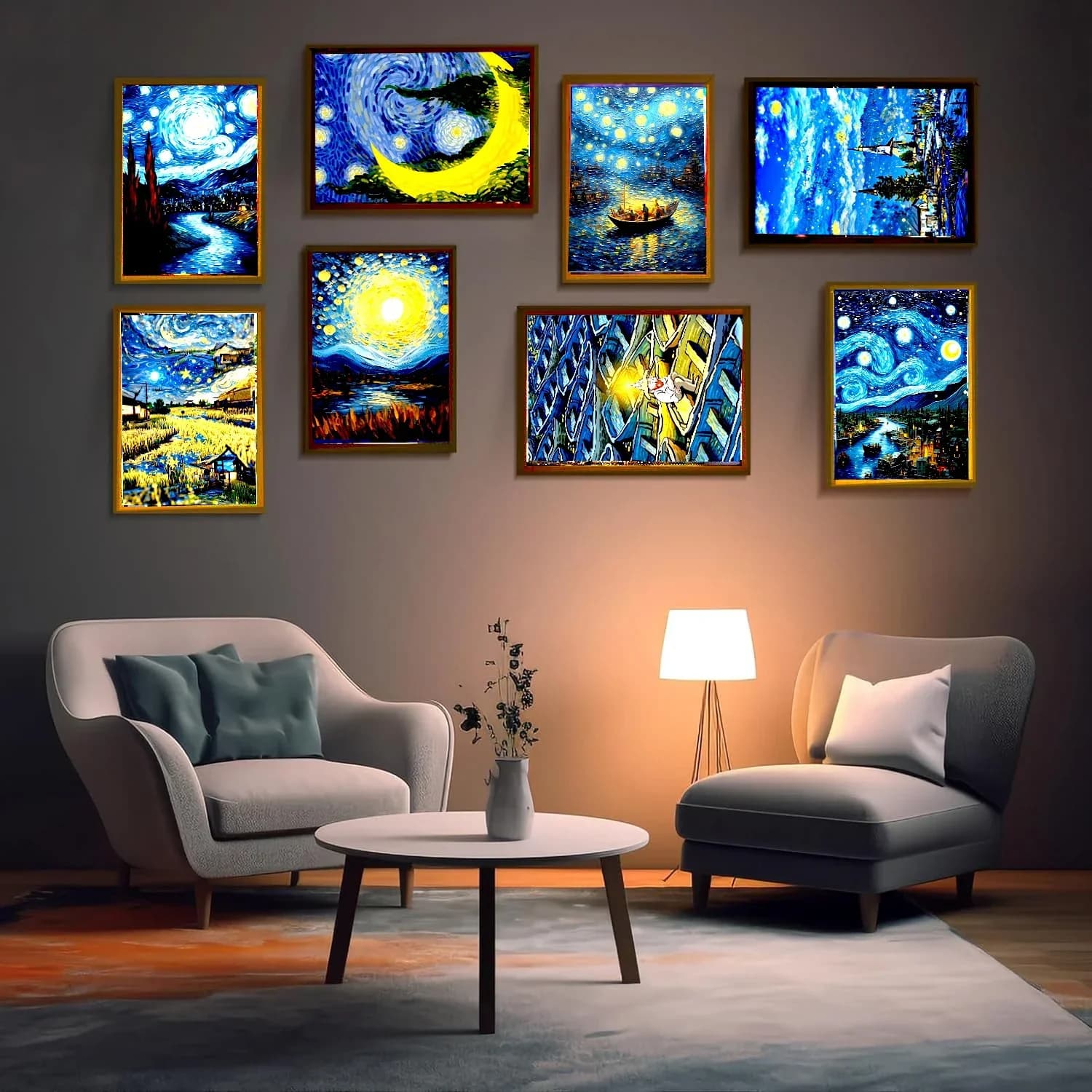 Peinture lumineuse cadre photo Led veilleuse lune lampe Van Gogh ciel étoilé mur Art Oficina chambre