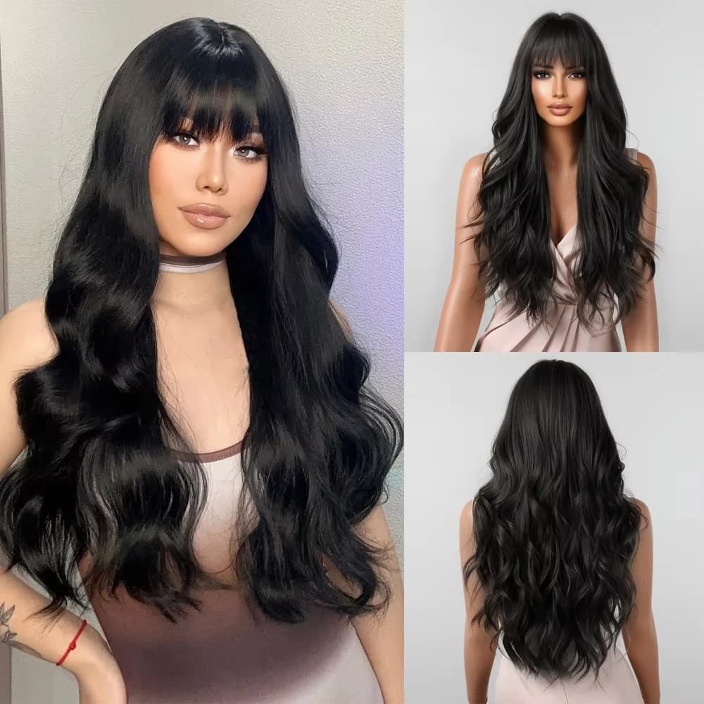 Grosses vagues de perruque synthétique noire longue bouclée pour le cosplay d'Halloween. Le portant 
