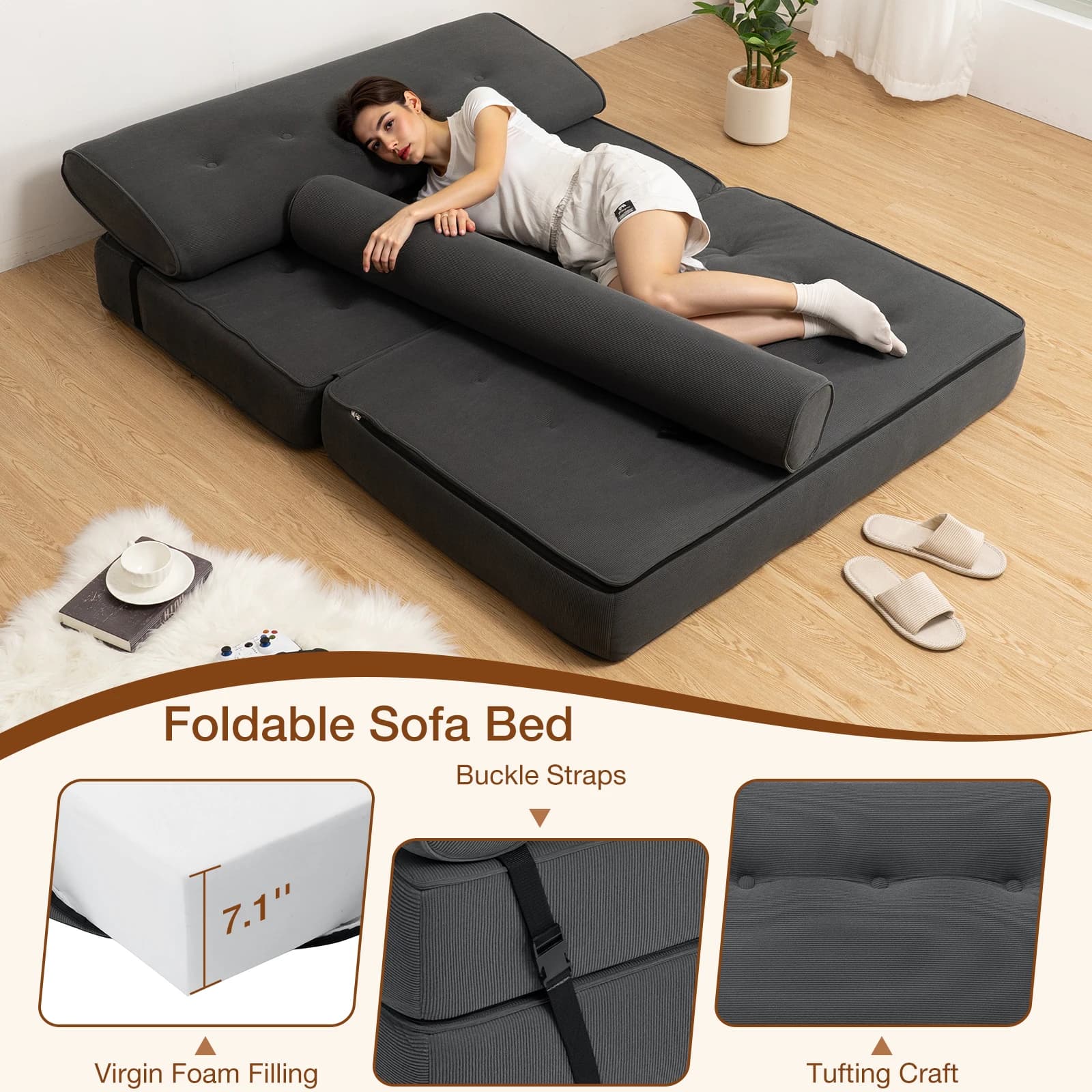 Canapé-lit pliant 3 en 1, canapé-lit Convertible avec 2 oreillers, matelas pliable avec Support dors