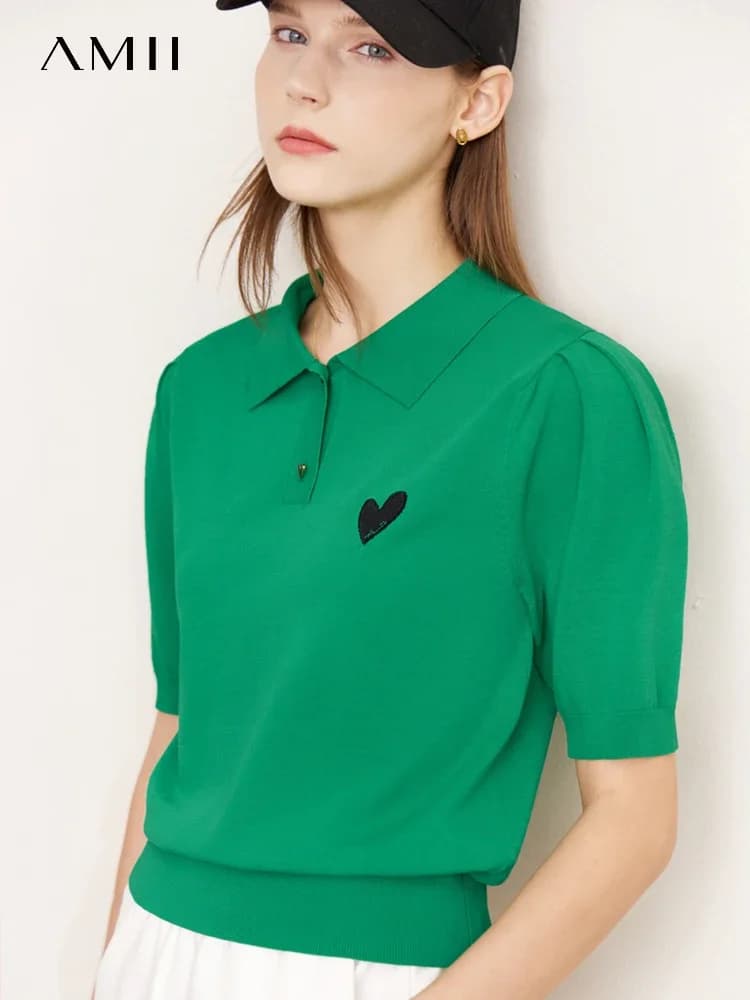 AMII minimalisme tricoté hauts pour femmes 2023 automne t-shirt nouveau col POLO tricots doux coeur 
