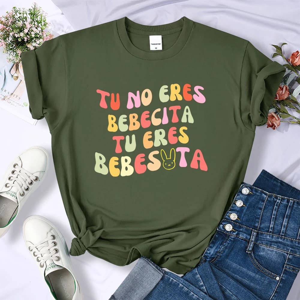 T-shirt imprimé Tu No Eres Bebecita Tu Eres BeBio ota pour femme, haut confortable avec lettres colo
