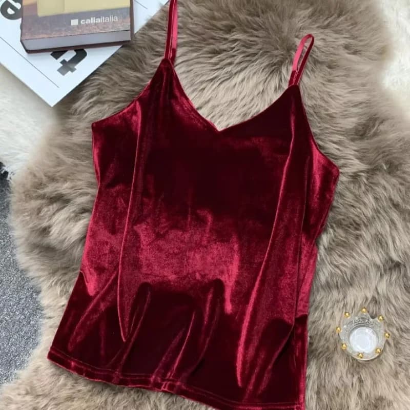 Femmes solide velours Camis gilet femmes débardeurs femme 2026 été Sexy sangle hauts basiques mince 