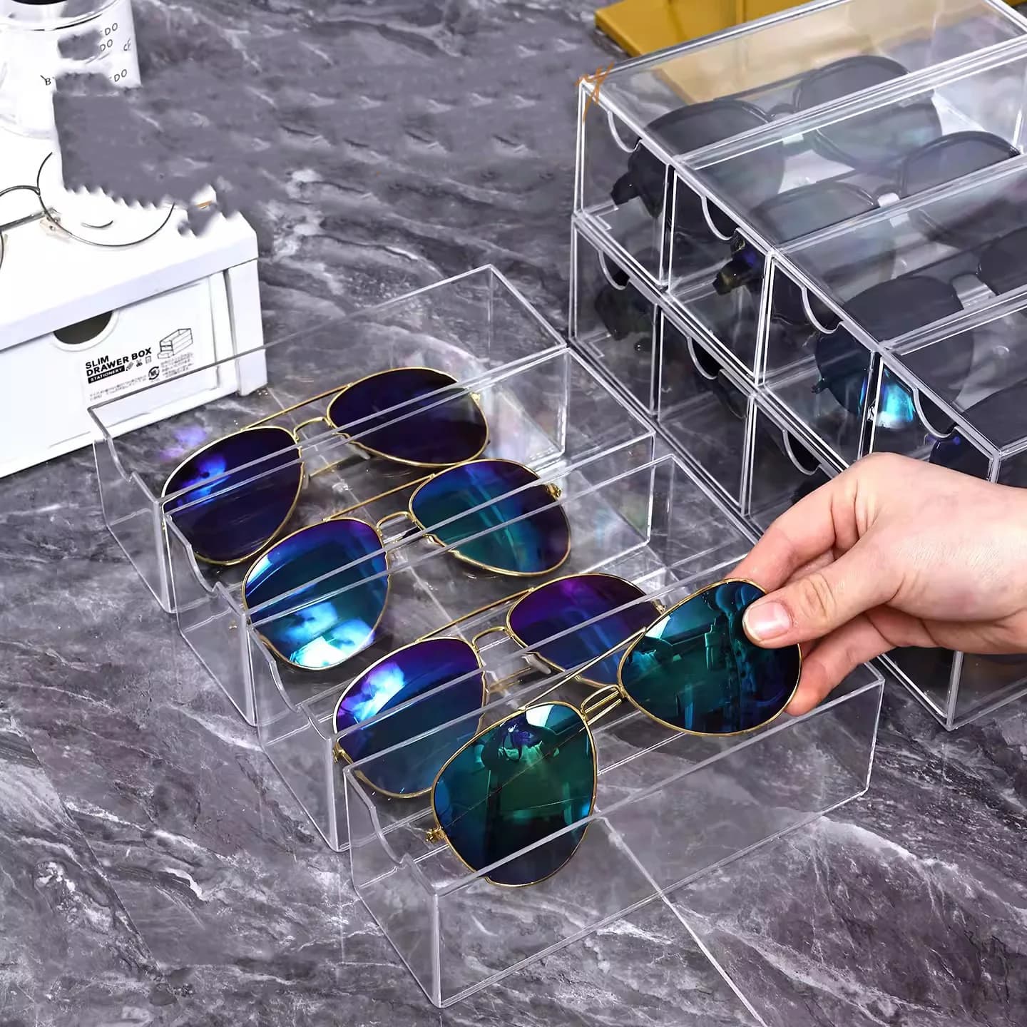 Boîte de rangement pour lunettes de vue, tiroir transparent pour la maison, organisateur de lunettes