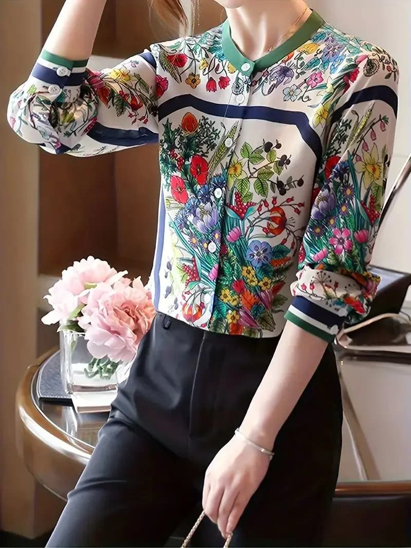 Style chinois fleur imprimé dames chemises mode femmes blouses printemps été à manches longues hauts