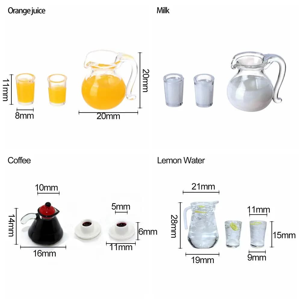 Carafe à boisson l'inventaire, modèle de simulation, tasse à café, lait, citron, eau, jus d'orange, 