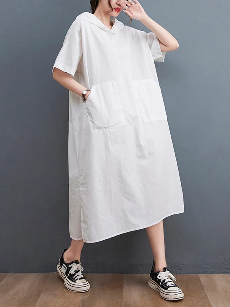 Nouvelle Robe Longue Décontractée Noire Vintage Oversize à Capuche et Manches Courtes pour Femme – T