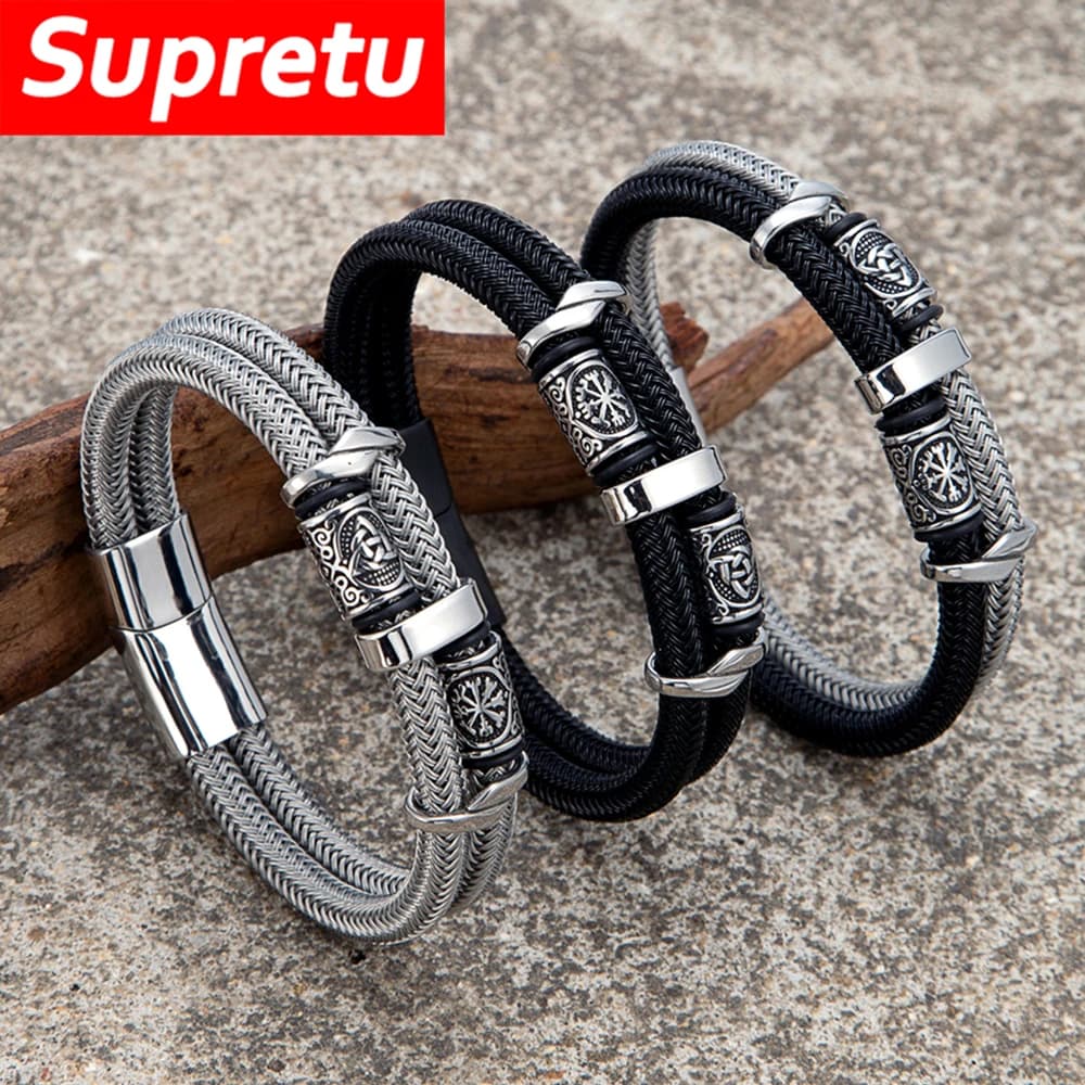 Vikings Runes Double couche Bracelet pour hommes en acier inoxydable câble métallique nordique Triqu
