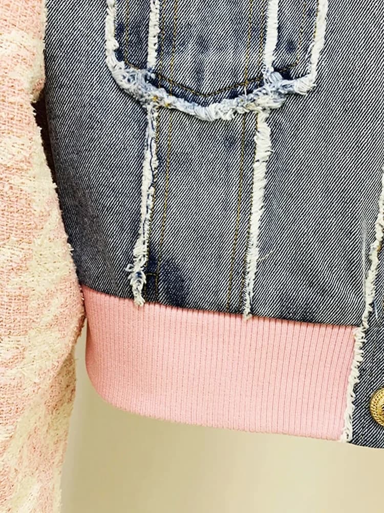 Veste en tweed à carreaux pied-de-poule avec boutons en forme de lion, patchwork en denim et franges