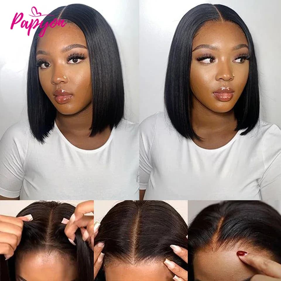 Perruques courtes bob lisses sans colle, prêtes à porter, en cheveux humains, pré-coupées, avec cord