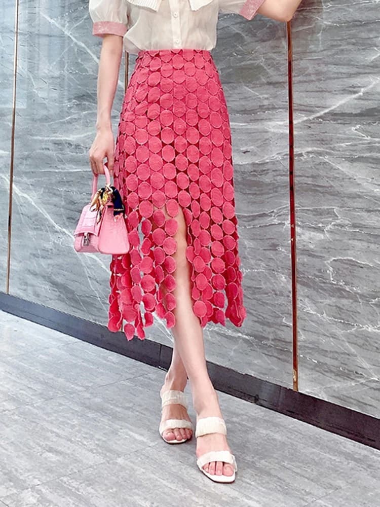 GALCAUR – jupe mi-longue élégante à pois pour femmes, avec des franges, taille haute, couleur unie, 