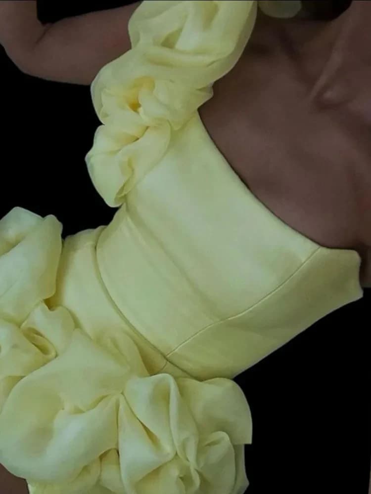 Robe de soirée jaune à volants pour femme, mini batterie, coton, sexy, élégante, club, fête, nouvell