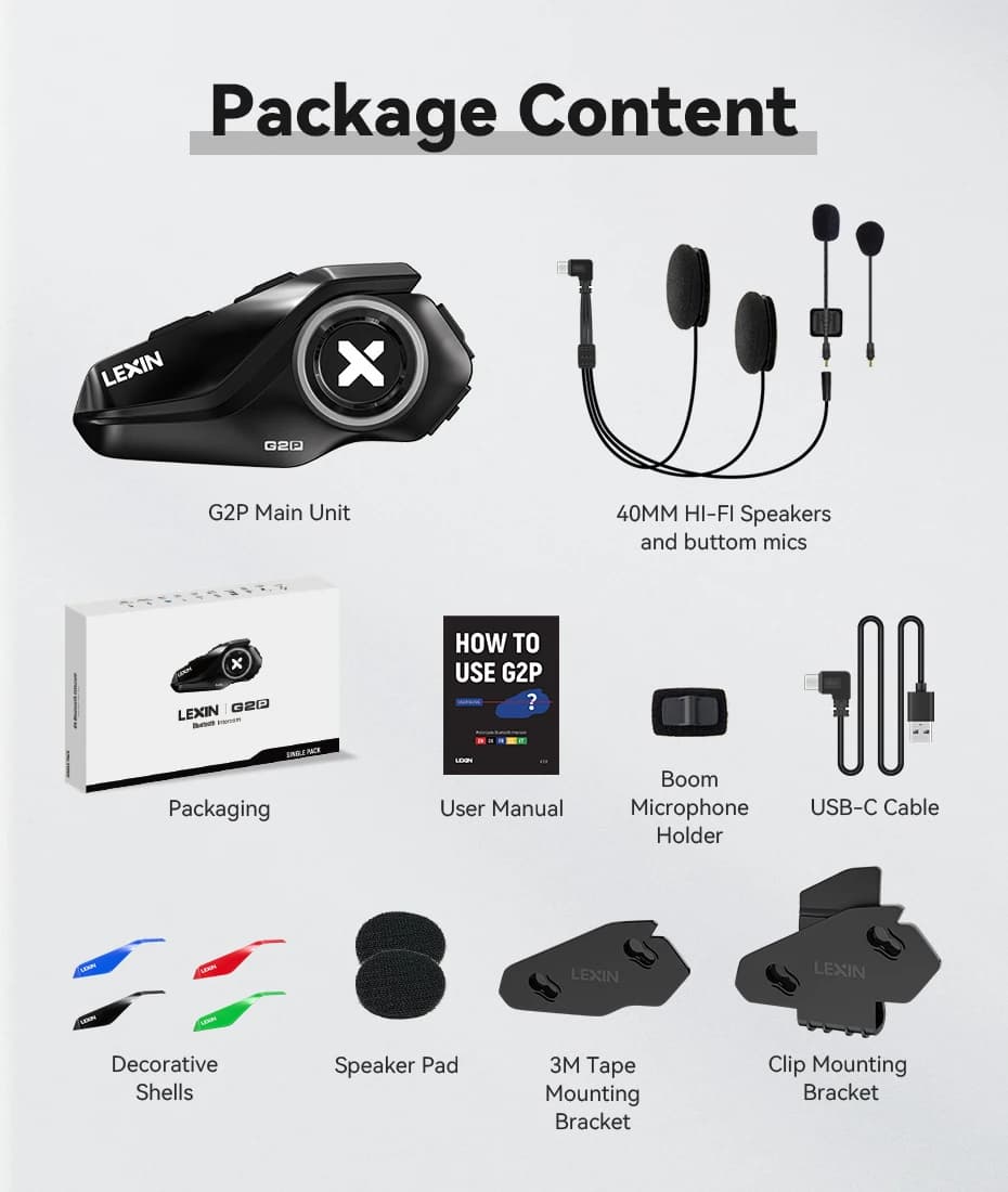 Lexin G2P moto Blutooth Interphone casque casques Bluetooth, communicateur mains libres jusqu'à 6 co