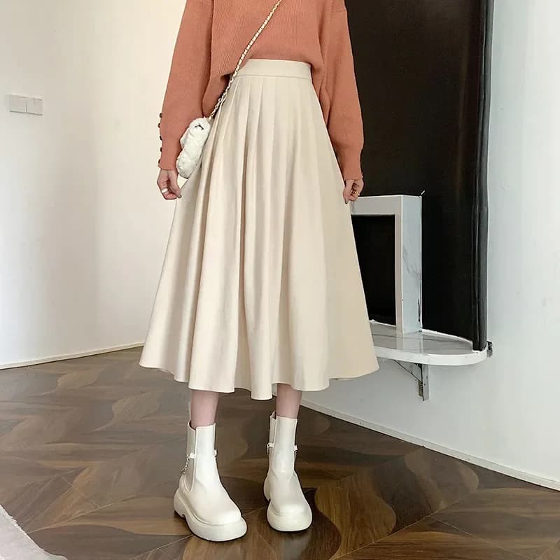 Xpqbb-Jupe Mi-Longue en Velours Côtelé pour Femme, Taille Haute, Style Collège, Plissée A-Line, Auto