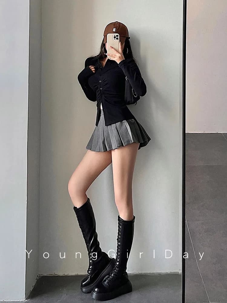 Jupe plissée avec short pour femme, taille haute, sexy, blanc, noir, ligne A, pouvez-vous aru coréen