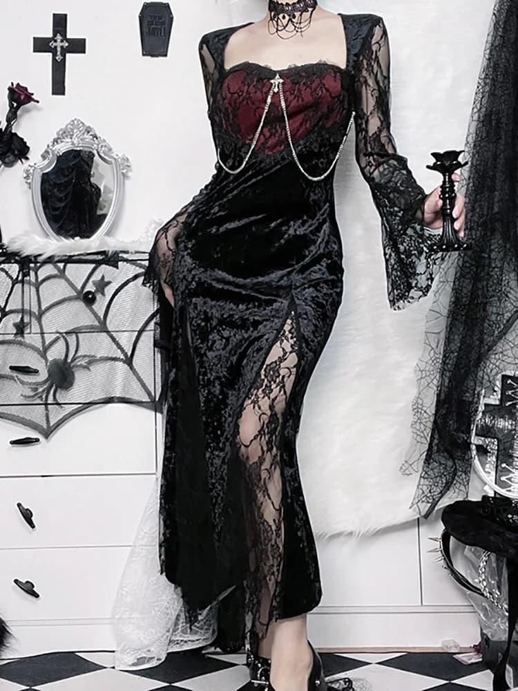 Goth foncé élégant centre commercial gothique femmes robes de soirée Grunge esthétique e-girl velour