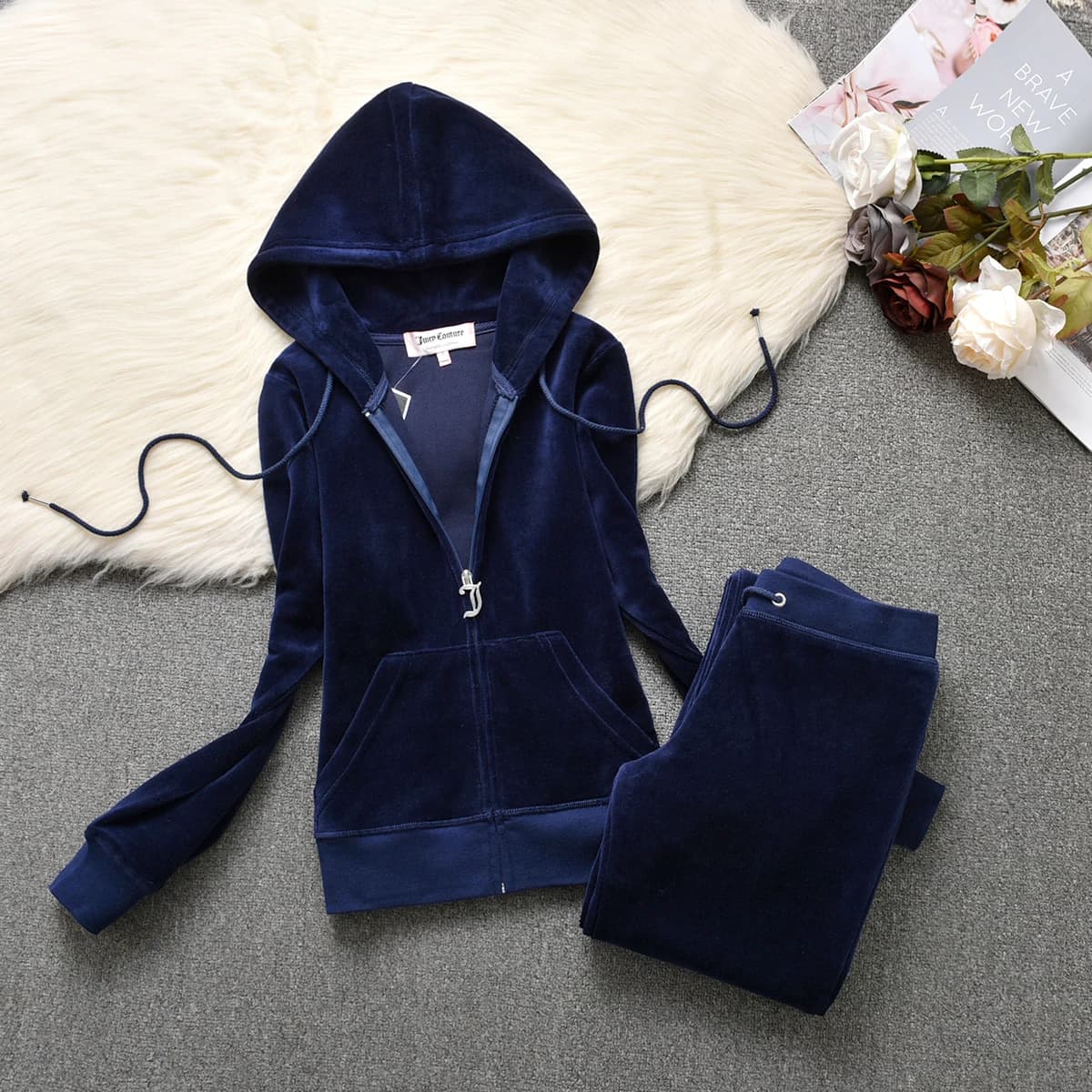 Ensemble de survêtement en velours 666 avec diamants 2026 pour femme – Veste à fermeture éclair et p