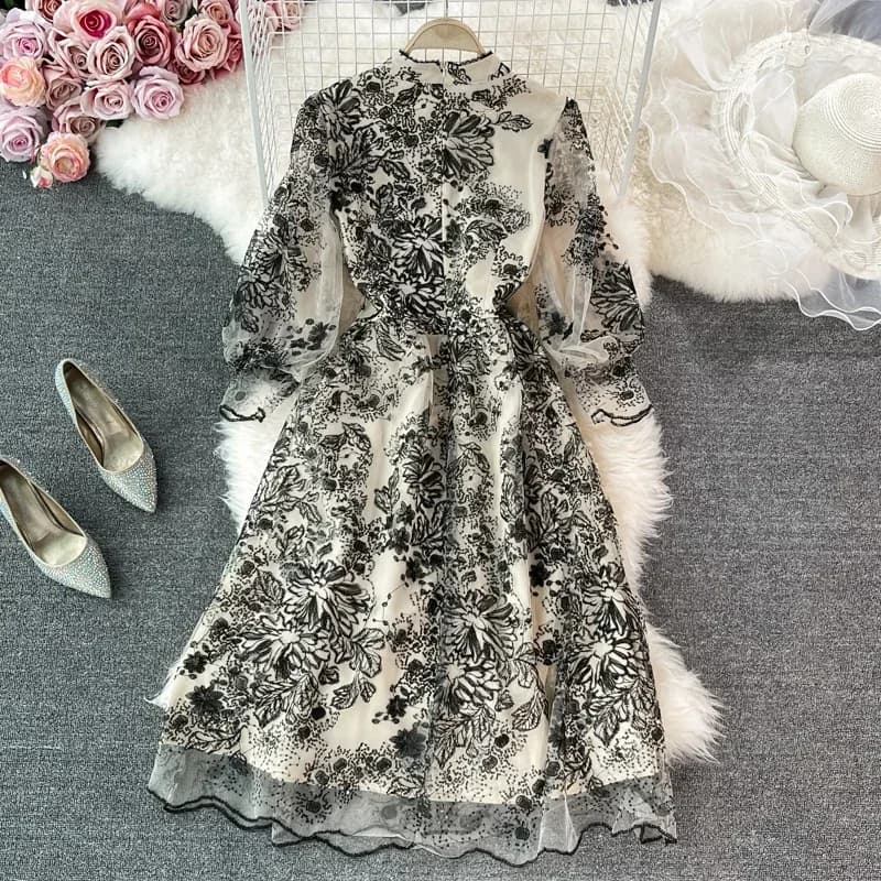 Robe de Soirée Sexy en Maille Brodée pour Femme, Col Montant, Manches Lanterne, Chic, Élégante, Tail