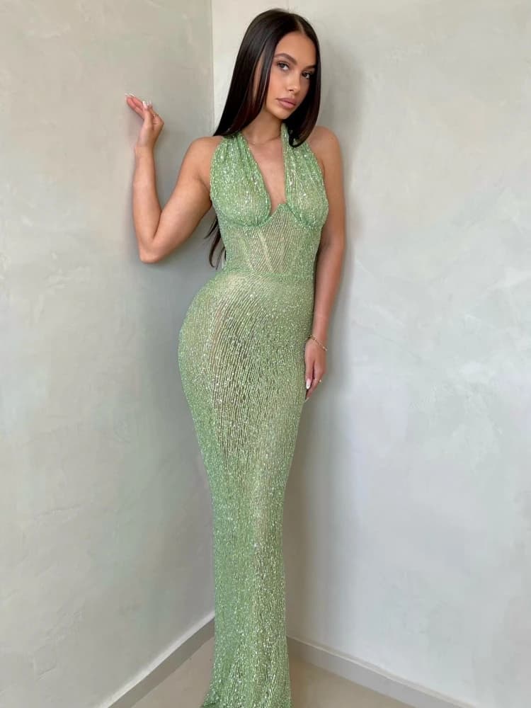 Robe longue à paillettes pour femmes, Sexy, col en V profond, col licou, vert, sans manches, dos nu,