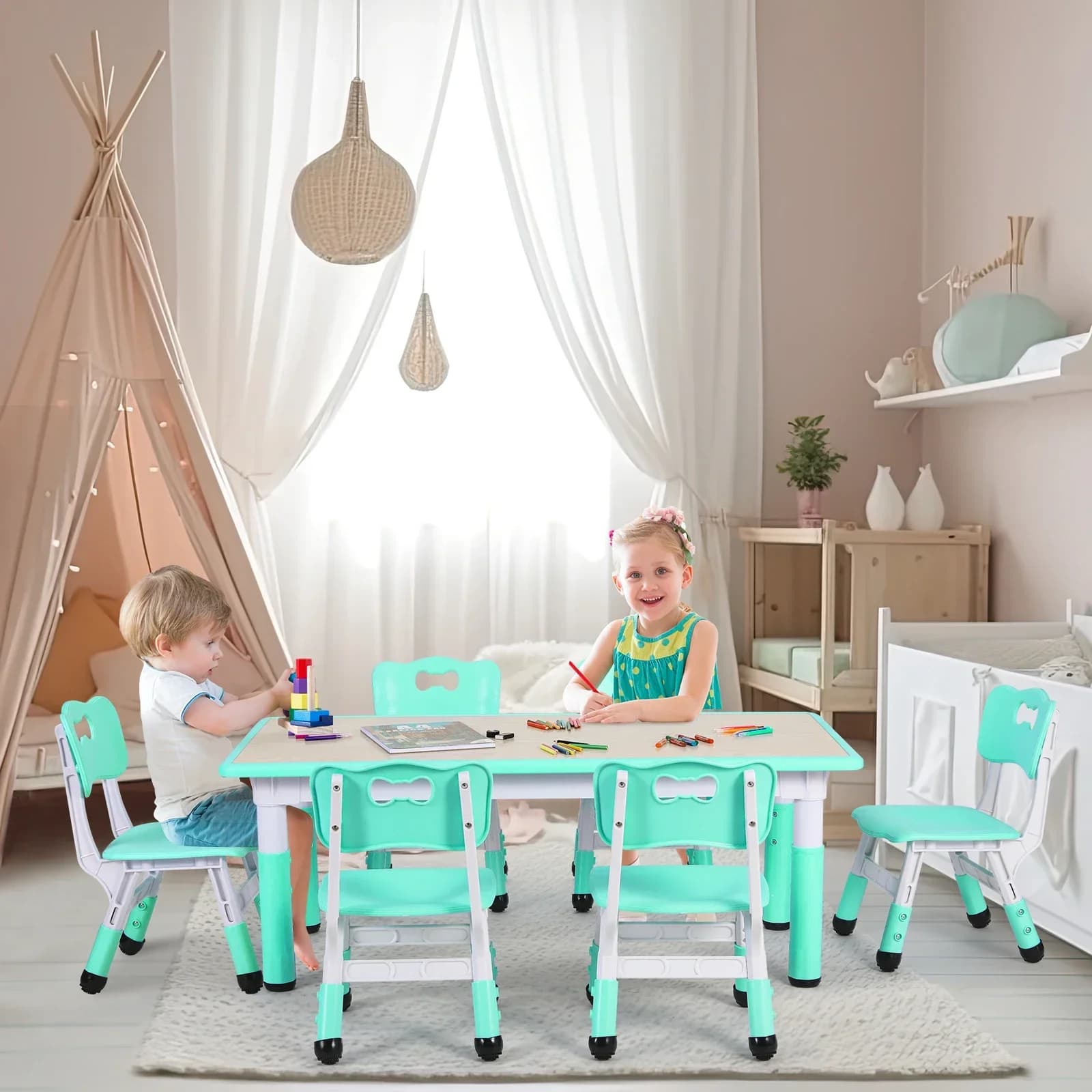 Table rectangulaire pour enfants avec 6 chaises, réglable, multi-activités, bureau d'art et d'artisa