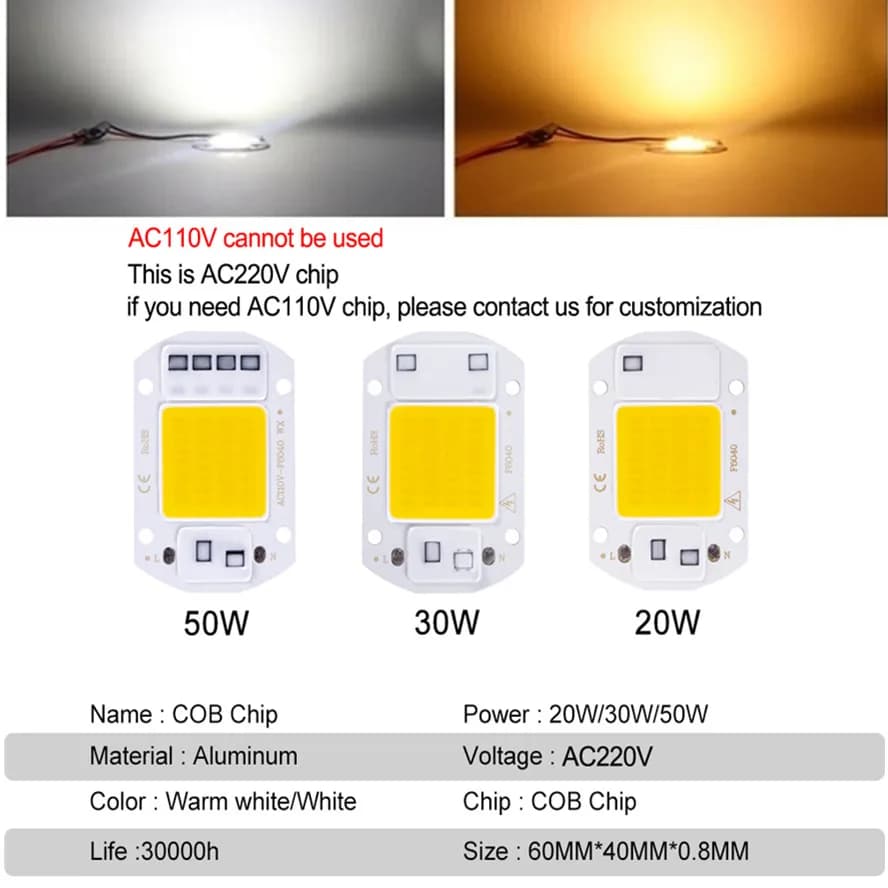 Puce COB LED intelligente IC 10W 20W 30W 50W 220V, pas besoin de pilote, ampoule LED 3W 5W 7W 9W pou
