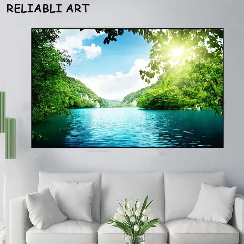 Toile de paysage de lac de cascade moderne, art de mur sans cadre, affiche de décor à la maison pour