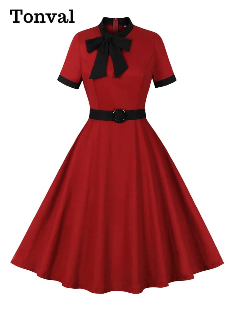 Tonval – robe longue en coton pour femmes, col à nœud, manches courtes, rétro, ceinturée, Style Vint