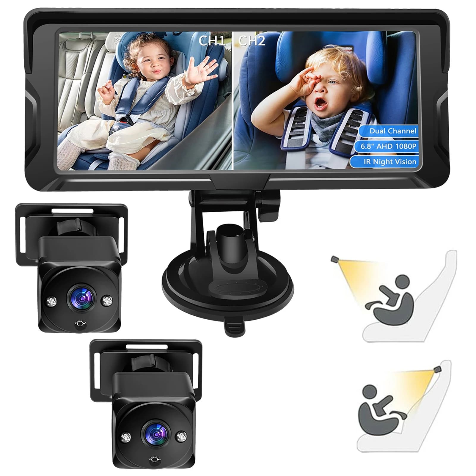 Caméra bébé voiture double canal 6,8 pouces écran 1080P avec 2 caméras de vision nocturne IR et 150 