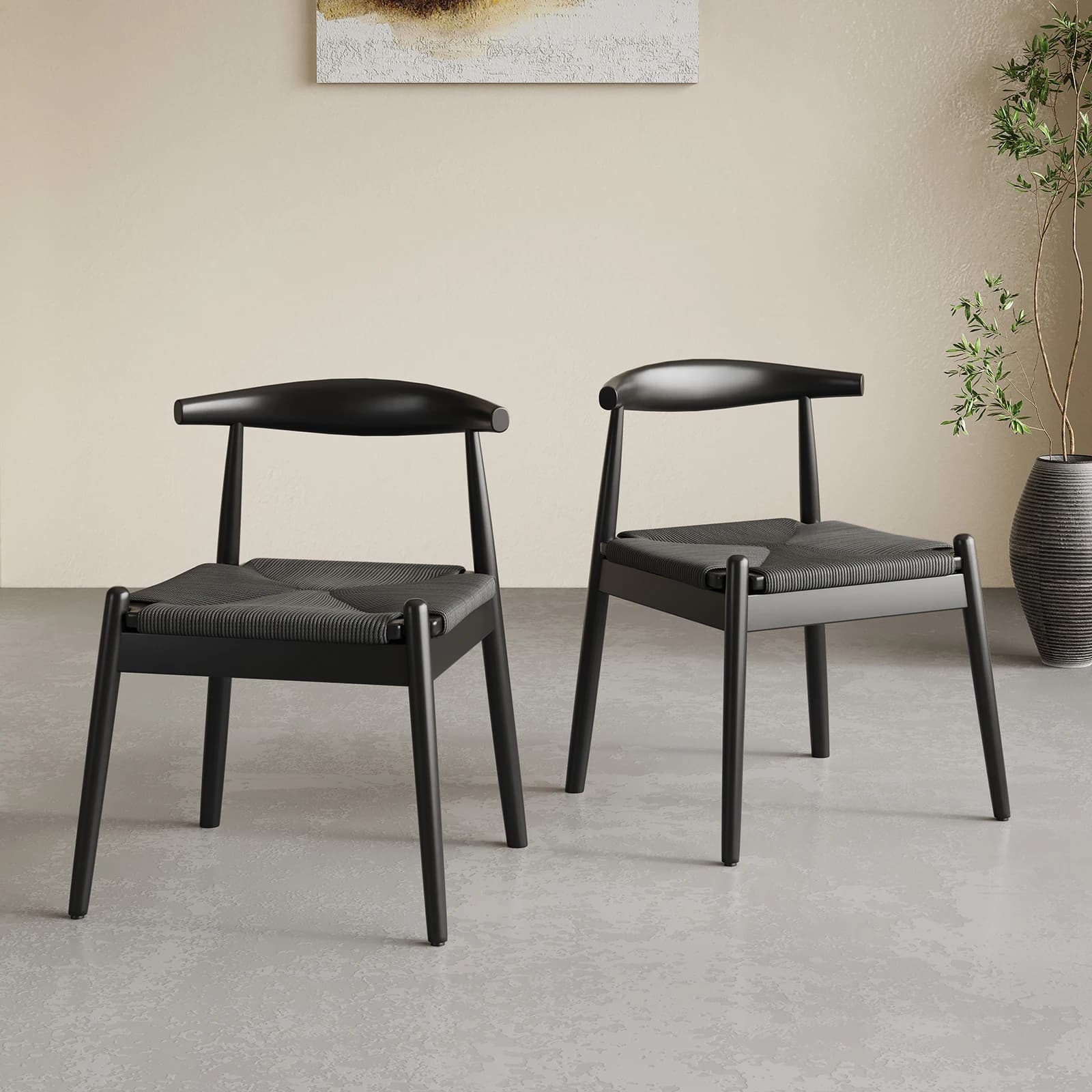 Ensemble de 2 chaises de salle à manger tissées, chaise de cuisine avec cadre en chêne massif et siè