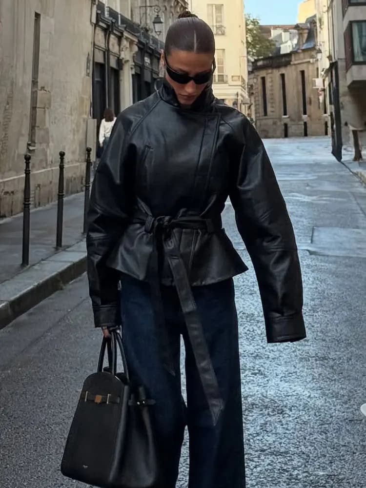 HH femmes mode noir court Faux cuir Trench manteau à manches longues revers veste avec ceinture Vint
