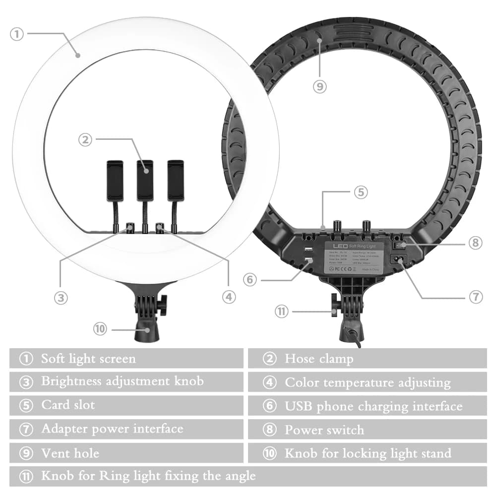 Anneau lumineux LED SH 18 pouces avec trépied et pince pour téléphone, pour éclairage vidéo, selfie,