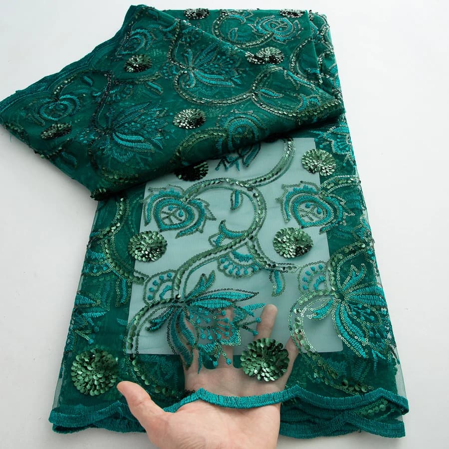 Tissu en dentelle de tulle bleu à sequins, broderie de luxe française pour robe de mariée, tissu en 
