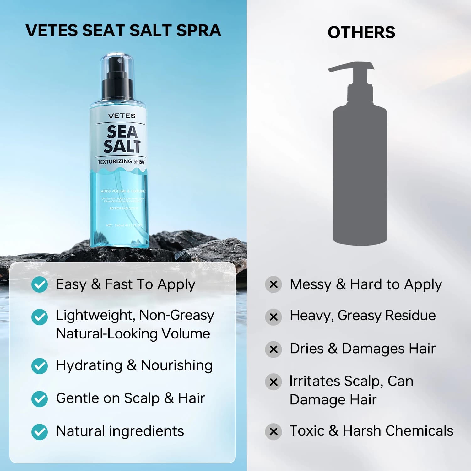 VETES Spray Cheveux Secs 240ml – Spray Texturisant Instantané Effet Volume et Épaisseur au Sel Marin