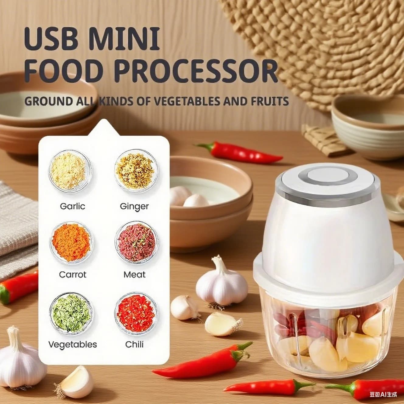 Hachoir à viande électrique de 350ML, broyeur d'aliments, presse-ail, trancheur de légumes multifonc
