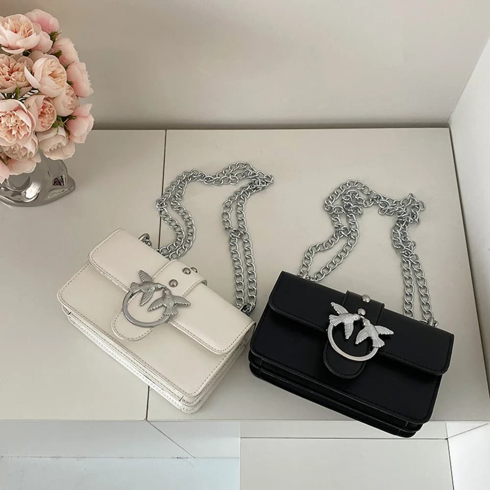 Sac à bandoulière double chaîne pour femme, sac à rabat rétro en cuir PU, sac à main décontracté pou