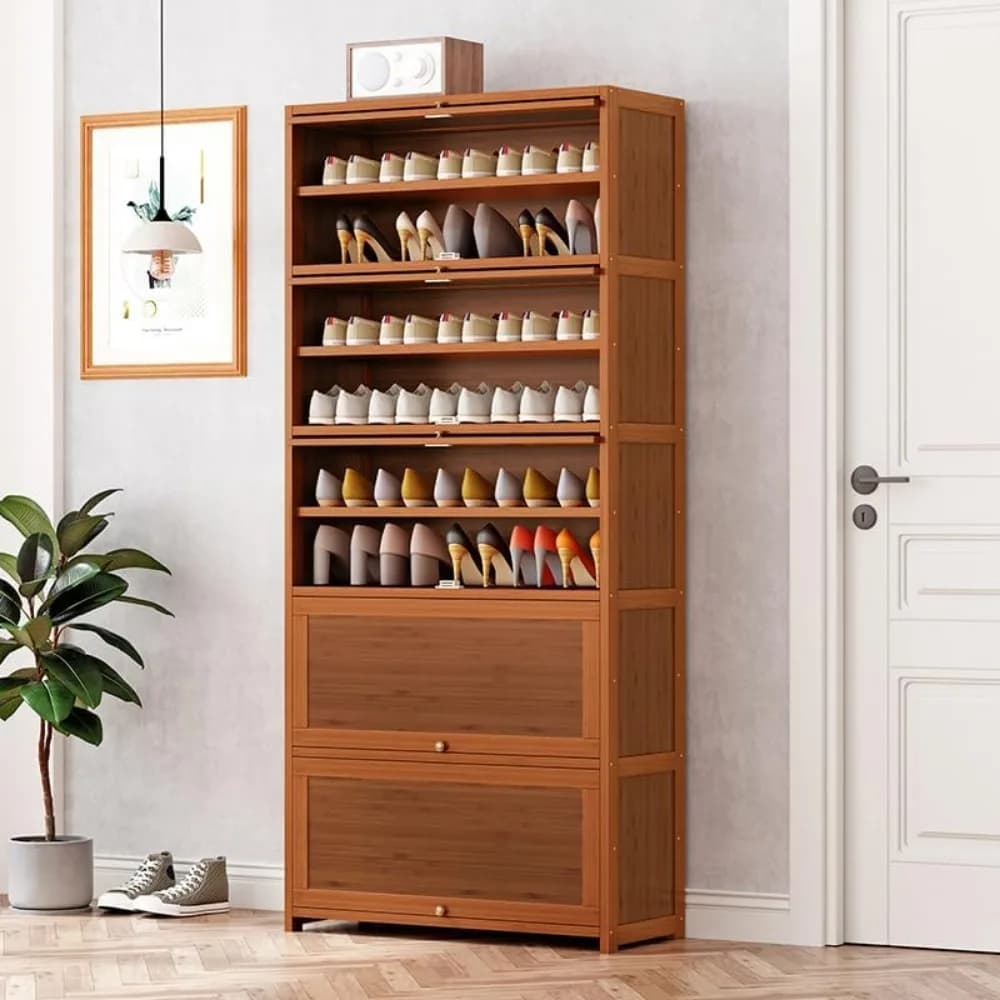 Armoire de rangement pour chaussures en bambou, étagère à chaussures autoportante, portes rabattable