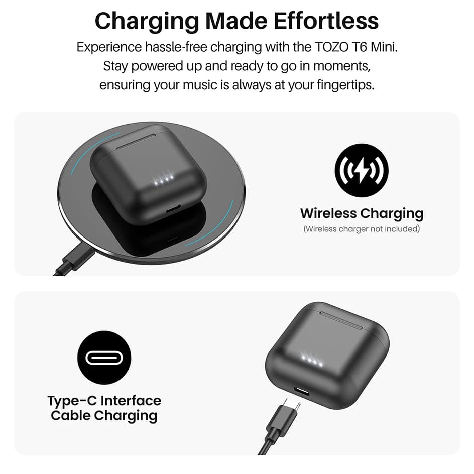 TOZO T6 mise à niveau ergonomique sans fil écouteurs Bluetooth 5.3 casque avec étui de chargement AP