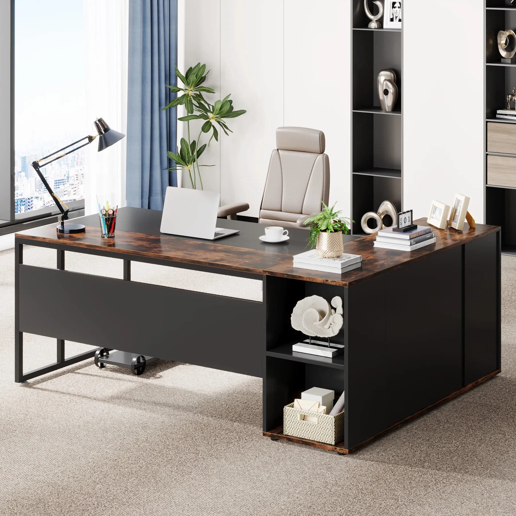 Tribesigns-Bureau de direction avec étagères, bureau en forme de L, rangement pour armoire, 71 po
