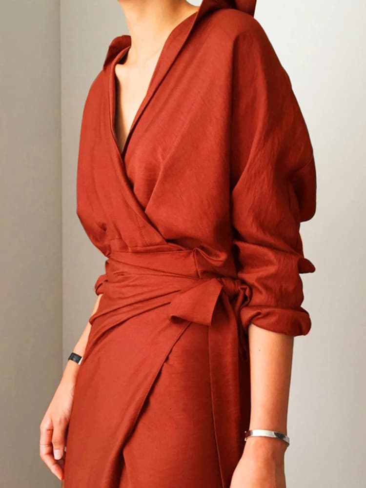 TWOTWurea YLE-Robe coréenne froncée à lacets pour femmes, col en V, manches longues, taille haute, f